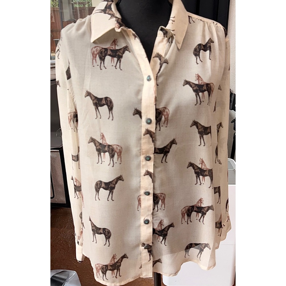 Tasha Polizzi Celeste Horse Print Chiffon Blouse Concho Buttons Western XL